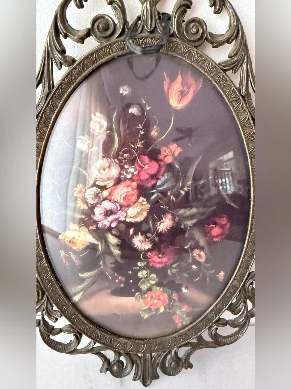 Ornate gold Vintage Oval Floral Wall Art - Brass Frame Italian